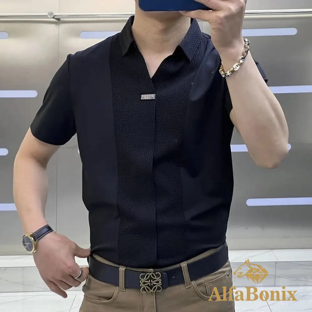 Mens Senior Light Luxury Short-Sleeved Shirt Business Casual Slim Fit Patchwork Color Stitching