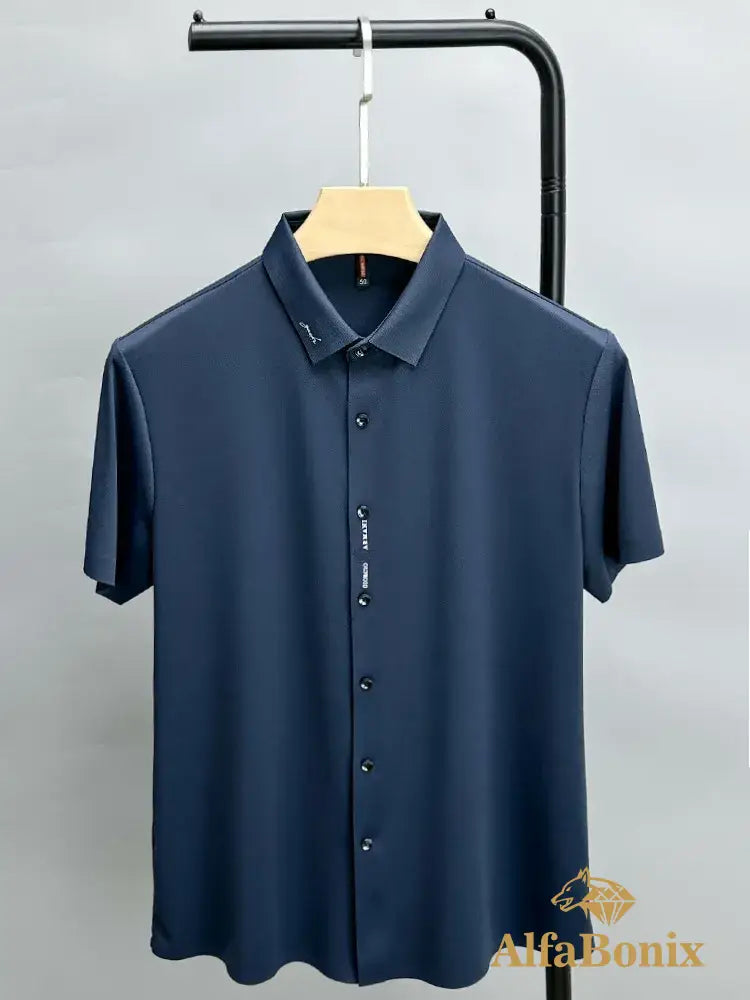 High End Ice Silk Seamless Breathable Short Sleeve T-Shirt Mens Lapel Summer Trend Brand Letter