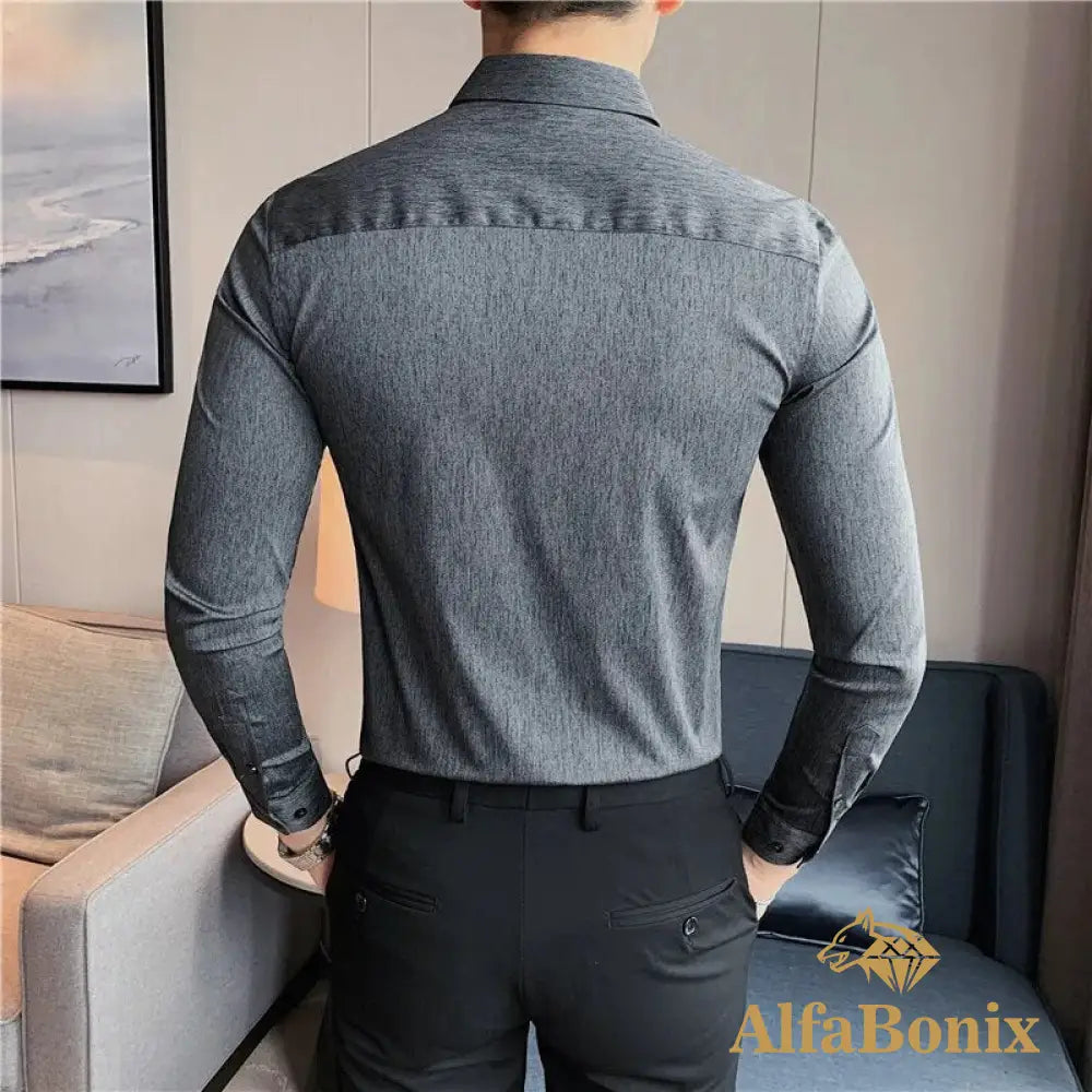 British Style Men Long Sleeved Shirt 2023 Autumn Anti-Wrinkle Soft Solid Casual Elastic Slim Fit