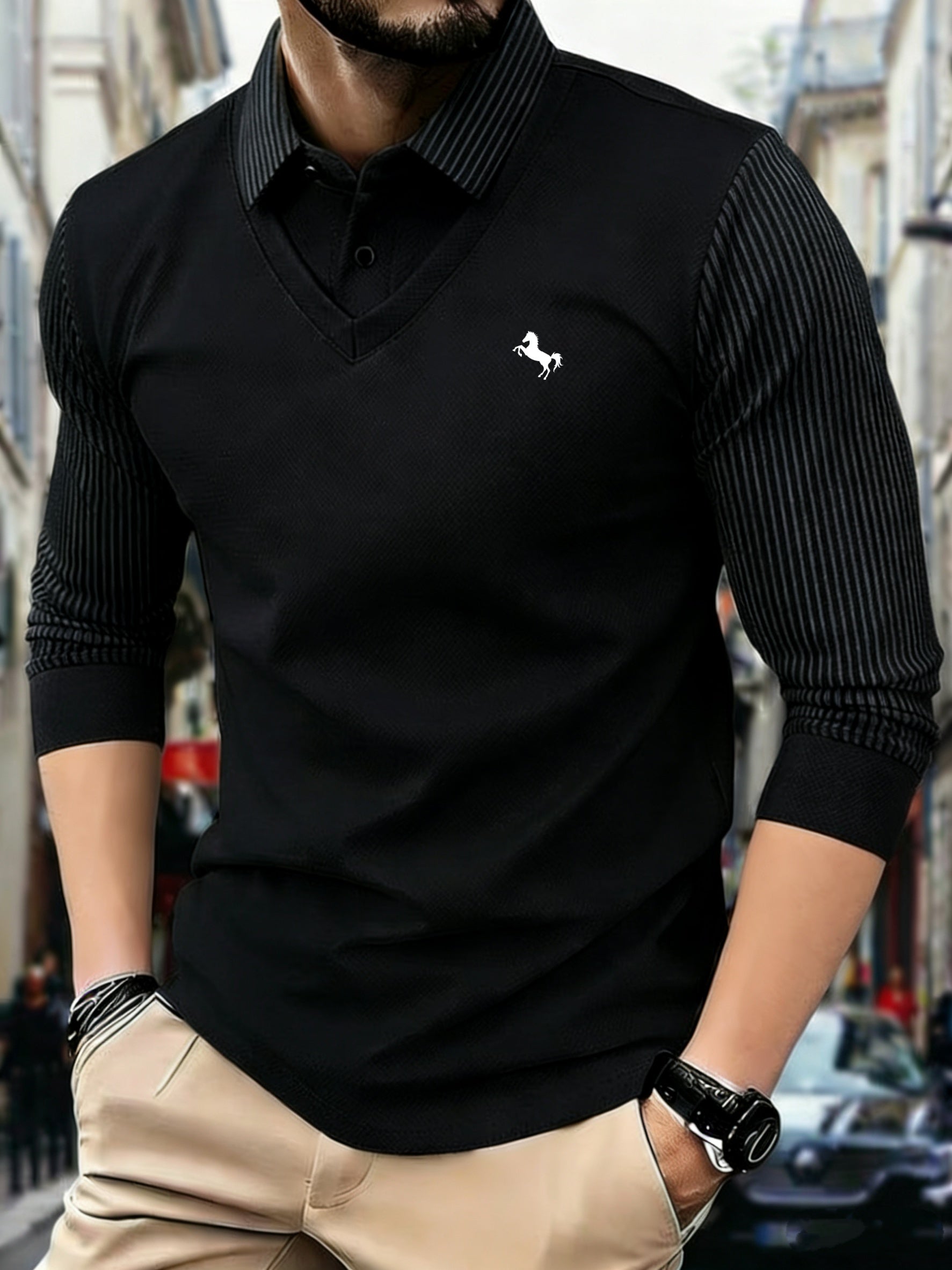 Camisa Polo Manga Longa AlfaBonix – Fake Two-Piece Geometric Premium