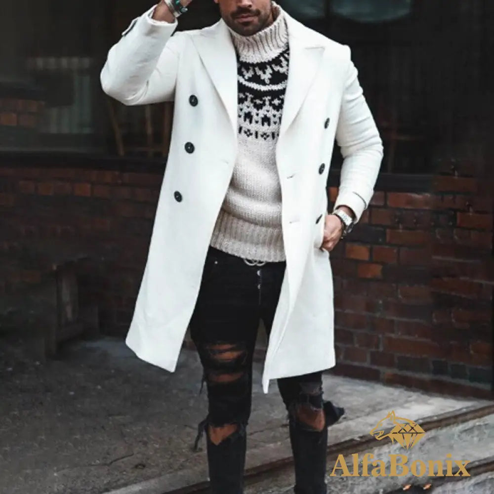 Fashion Men Woolen Coat New Solid Casual Lapel Double-Breasted Long Sleeve Cardigan Overcoat Tops