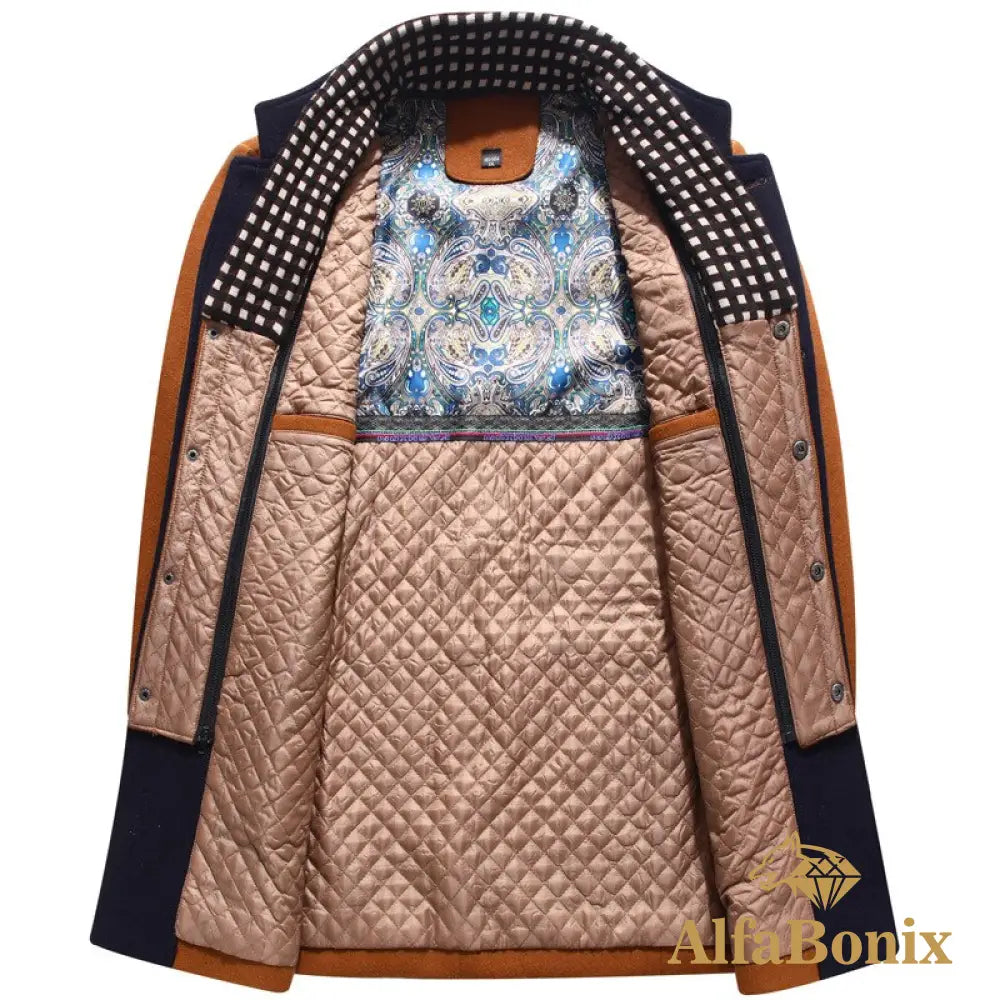 Winter Autumn Men&#39;S Wool Coats Casual Middle Long Scarf Collar Cotton-Padded Thick Warm Woolen