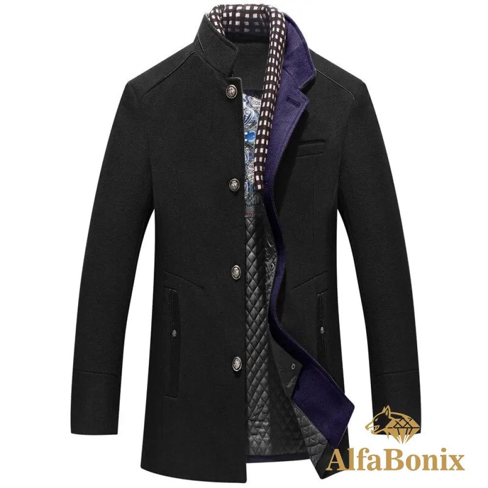 Winter Autumn Men&#39;S Wool Coats Casual Middle Long Scarf Collar Cotton-Padded Thick Warm Woolen