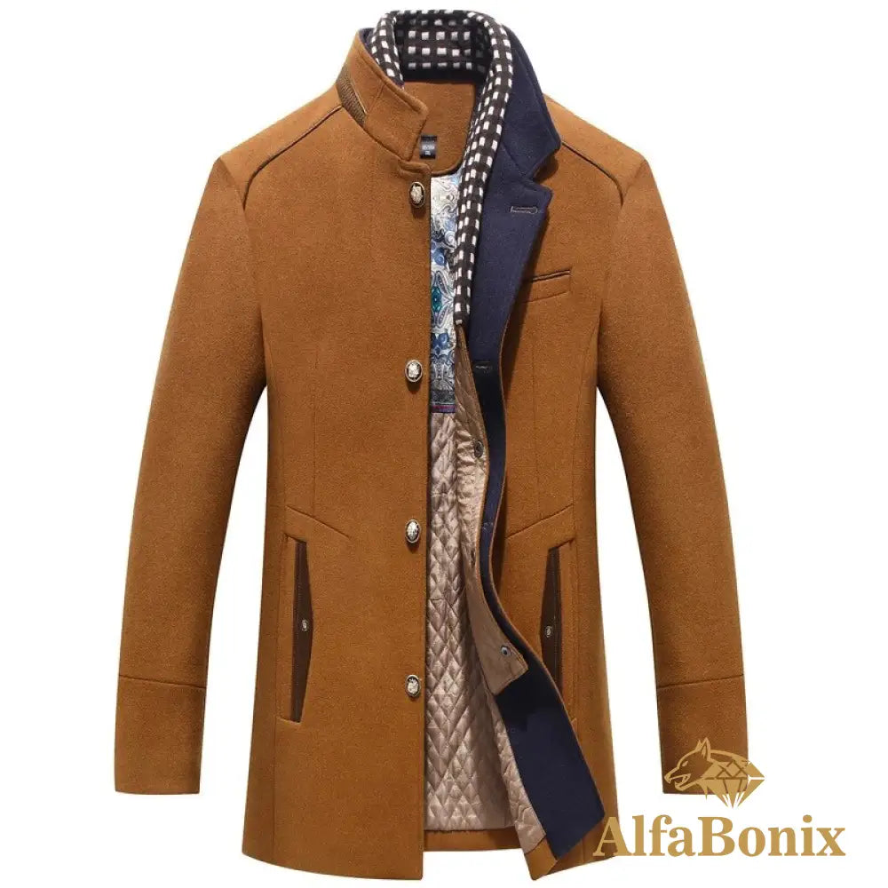 Winter Autumn Men&#39;S Wool Coats Casual Middle Long Scarf Collar Cotton-Padded Thick Warm Woolen