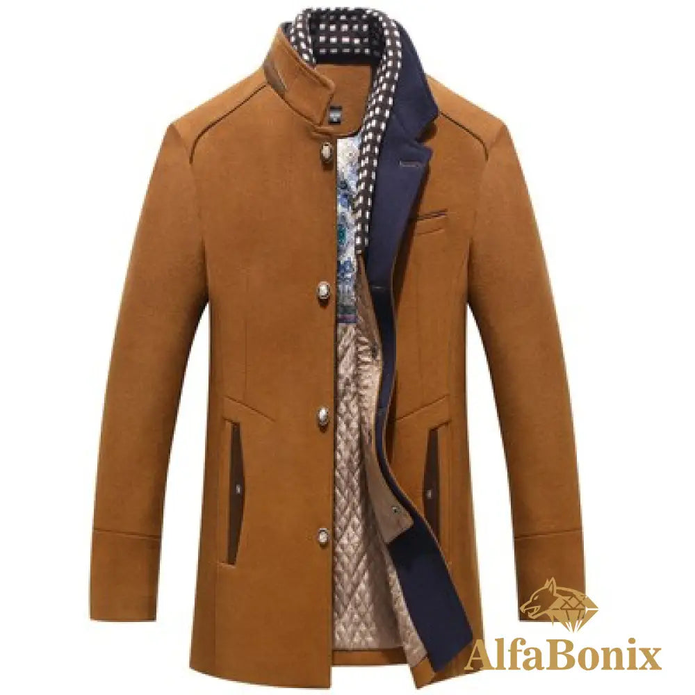 Winter Autumn Men&#39;S Wool Coats Casual Middle Long Scarf Collar Cotton-Padded Thick Warm Woolen