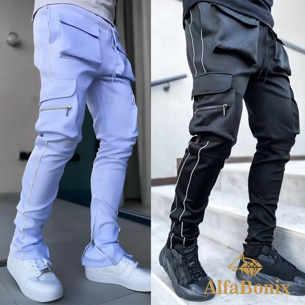 Spring And Autumn Workwear Pants Men&#39;S Fashion Brand Elastic Multi-Bag Reflective Straight