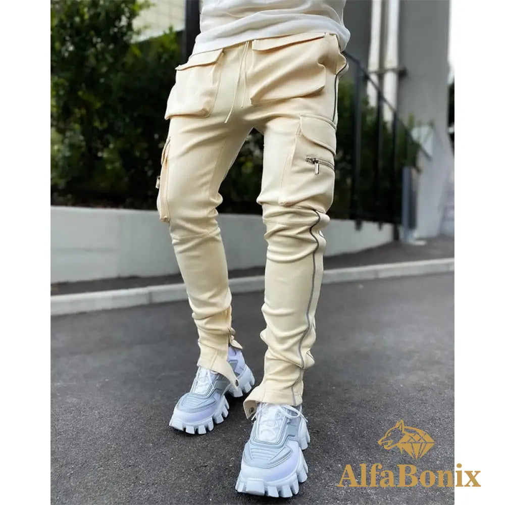 Spring And Autumn Workwear Pants Men&#39;S Fashion Brand Elastic Multi-Bag Reflective Straight