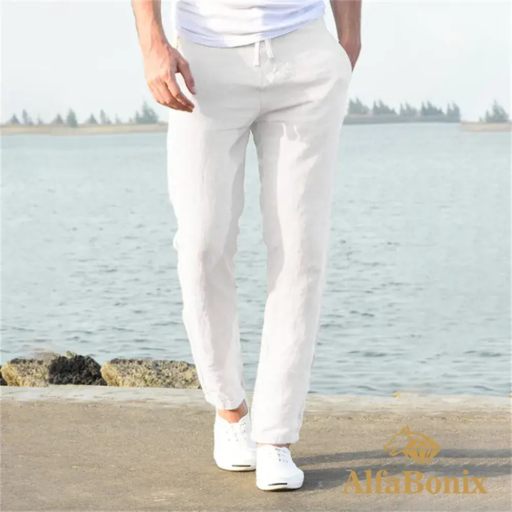 2023 Mens Cotton Linen Pants Male Autumn New Breathable Solid Color Trousers Fitness Streetwear