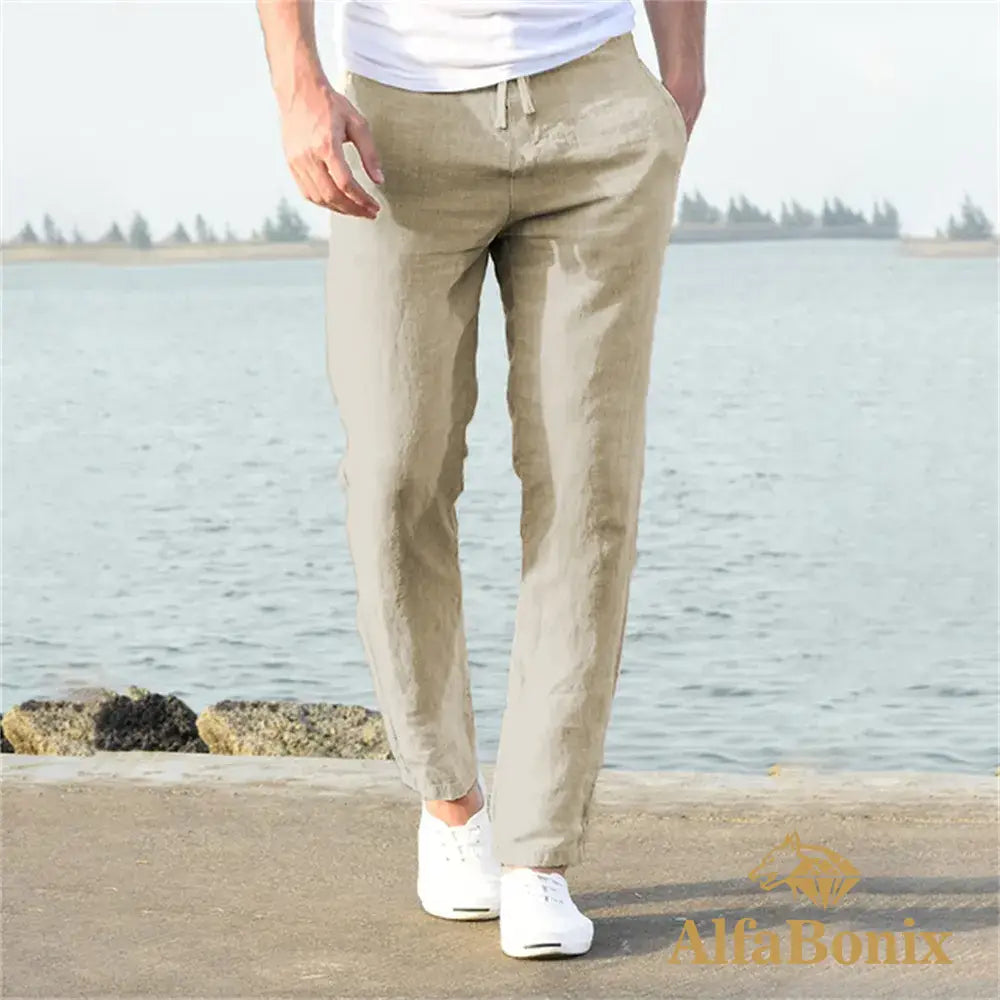 2023 Mens Cotton Linen Pants Male Autumn New Breathable Solid Color Trousers Fitness Streetwear