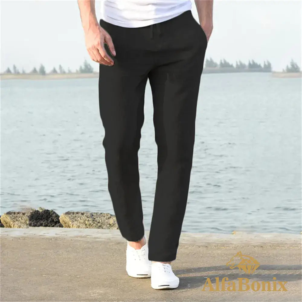 2023 Mens Cotton Linen Pants Male Autumn New Breathable Solid Color Trousers Fitness Streetwear