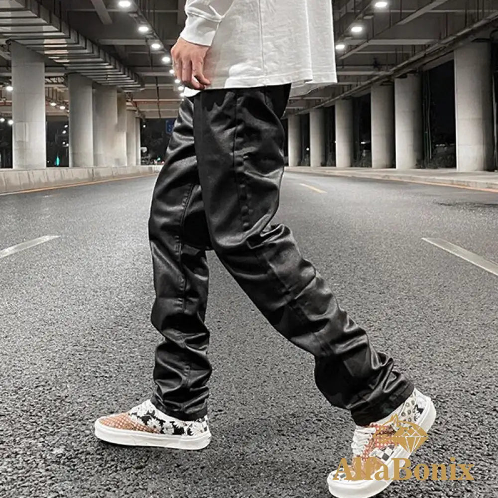 Harajuku Black Pu Leather Pants For Men Y2K Streetwear Baggy Straight Casual Trousers Unisex Hip Hop