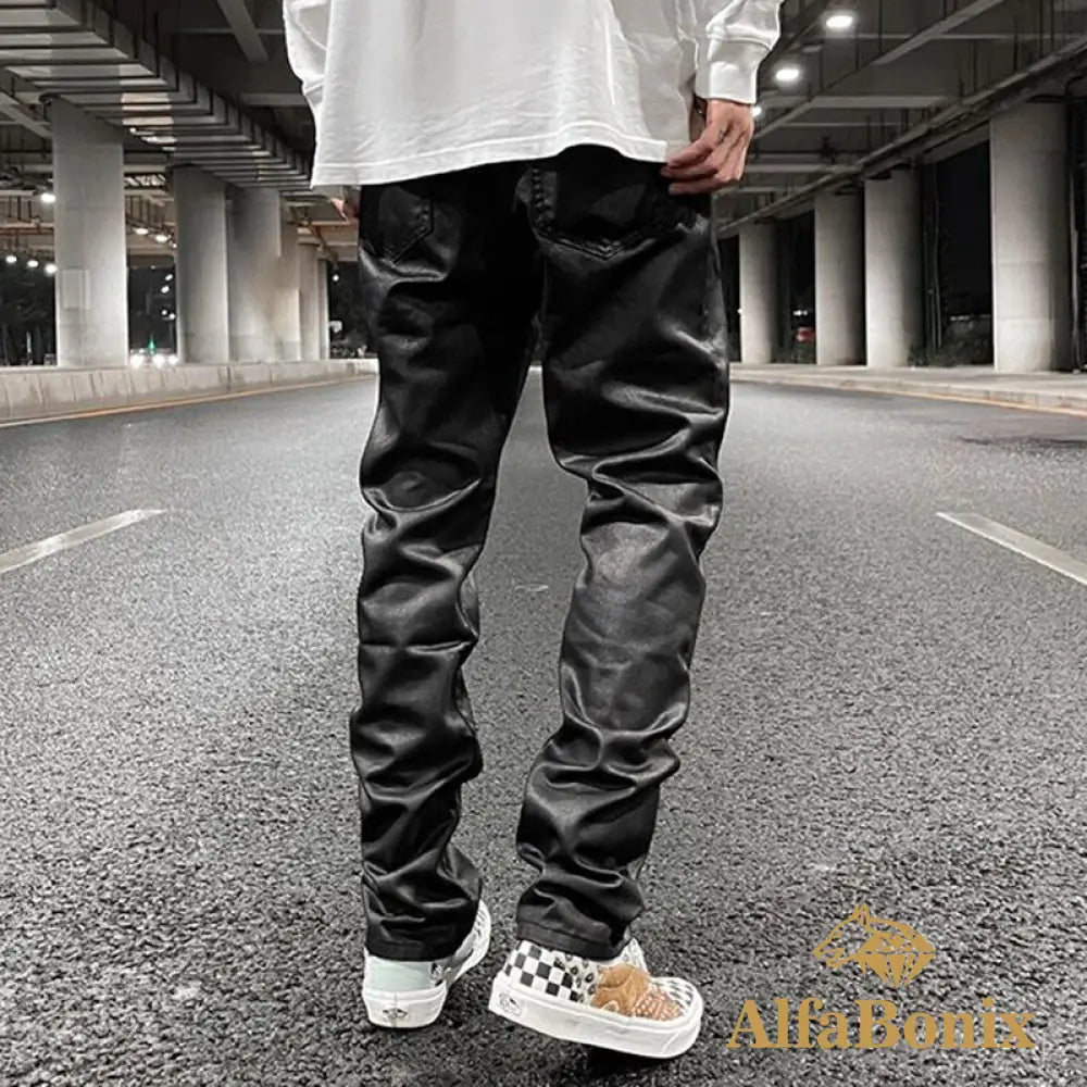 Harajuku Black Pu Leather Pants For Men Y2K Streetwear Baggy Straight Casual Trousers Unisex Hip Hop