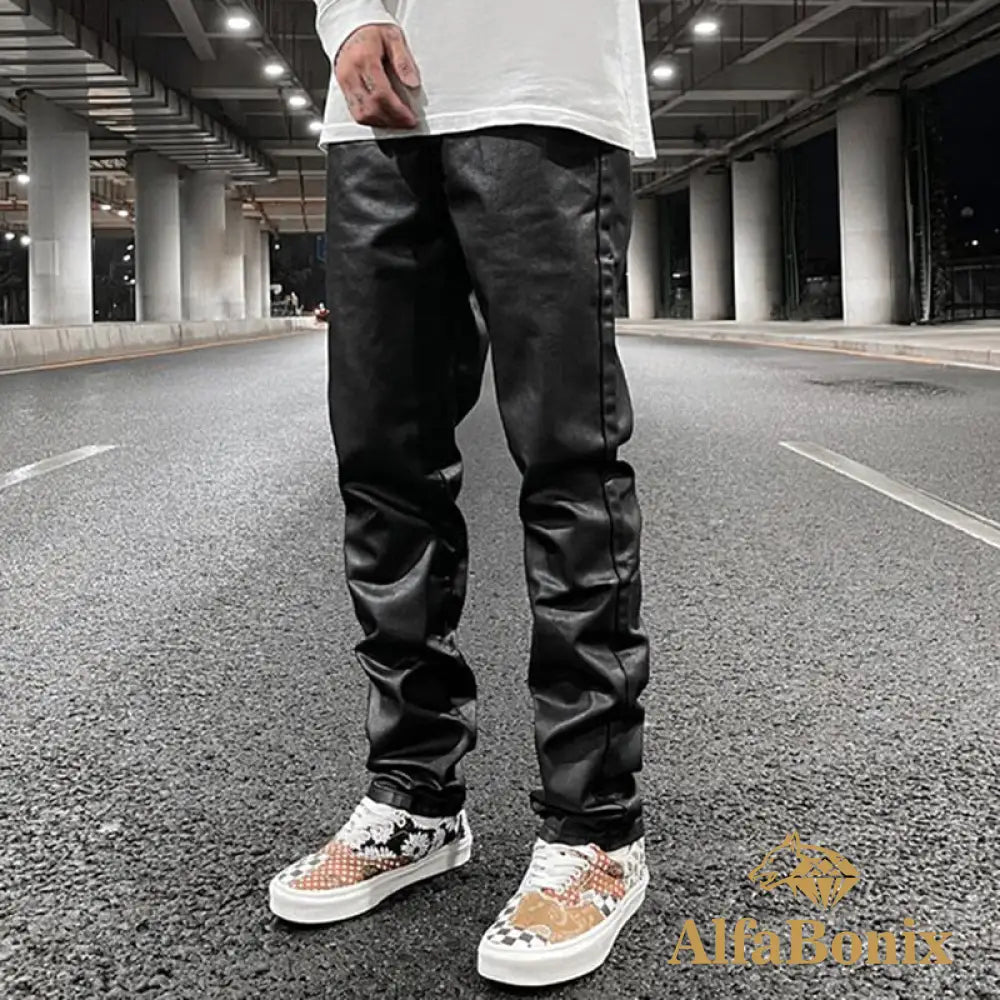 Harajuku Black Pu Leather Pants For Men Y2K Streetwear Baggy Straight Casual Trousers Unisex Hip Hop