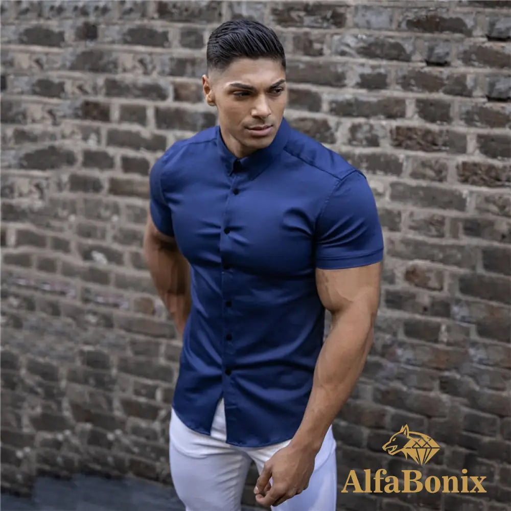 Summer Fashion Short Sleeve Shirt Men Super Slim Fit Male Casual Social Business Dress Brand Fitness