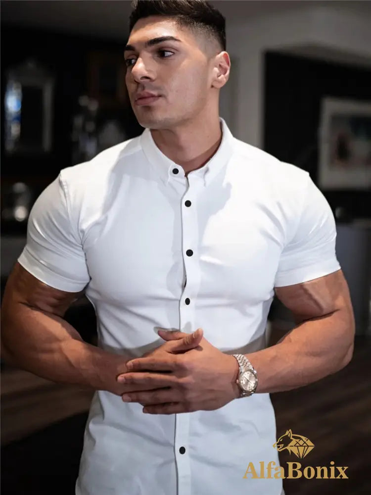 Summer Fashion Short Sleeve Shirt Men Super Slim Fit Male Casual Social Business Dress Brand Fitness