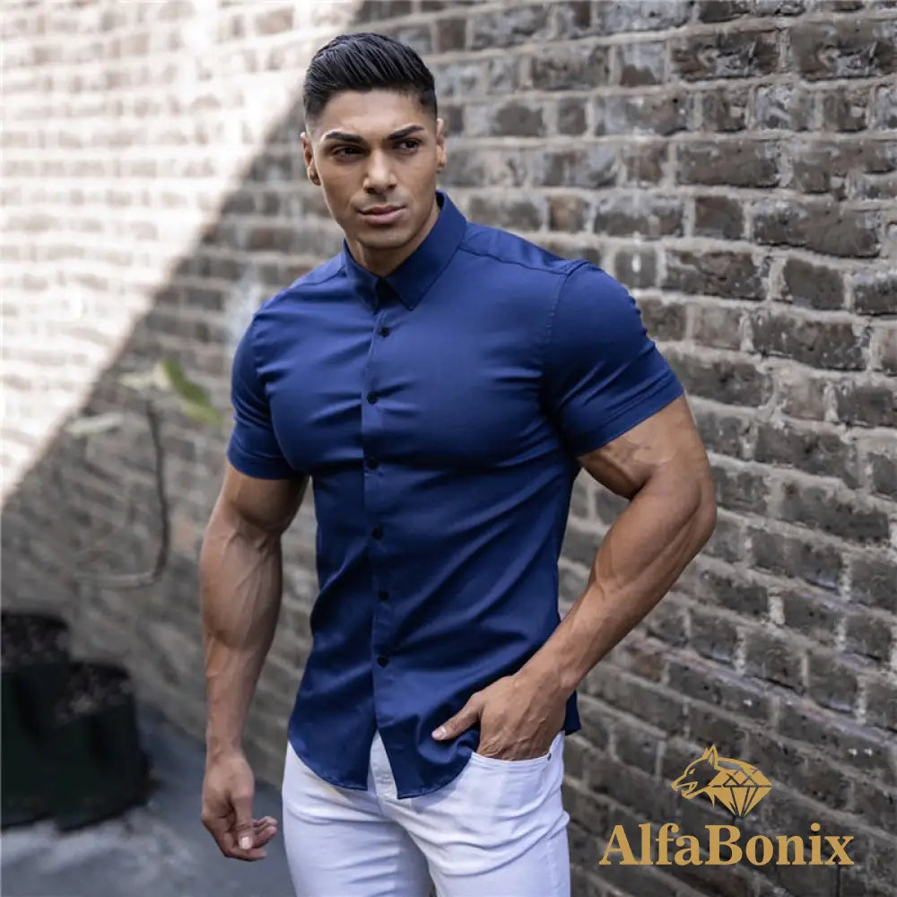 Summer Fashion Short Sleeve Shirt Men Super Slim Fit Male Casual Social Business Dress Brand Fitness