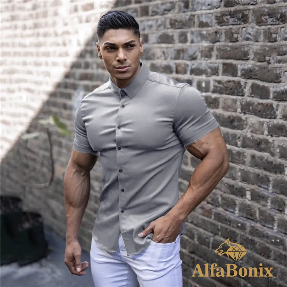 Summer Fashion Short Sleeve Shirt Men Super Slim Fit Male Casual Social Business Dress Brand Fitness