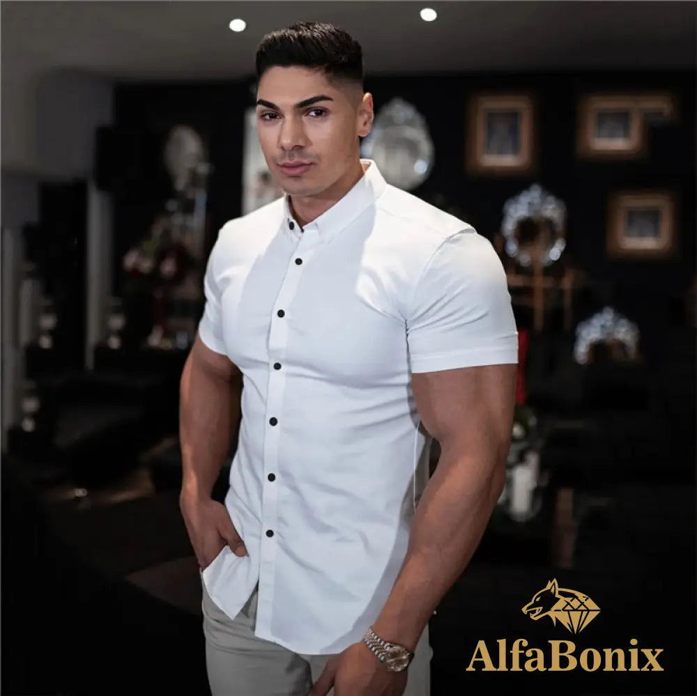 Summer Fashion Short Sleeve Shirt Men Super Slim Fit Male Casual Social Business Dress Brand Fitness