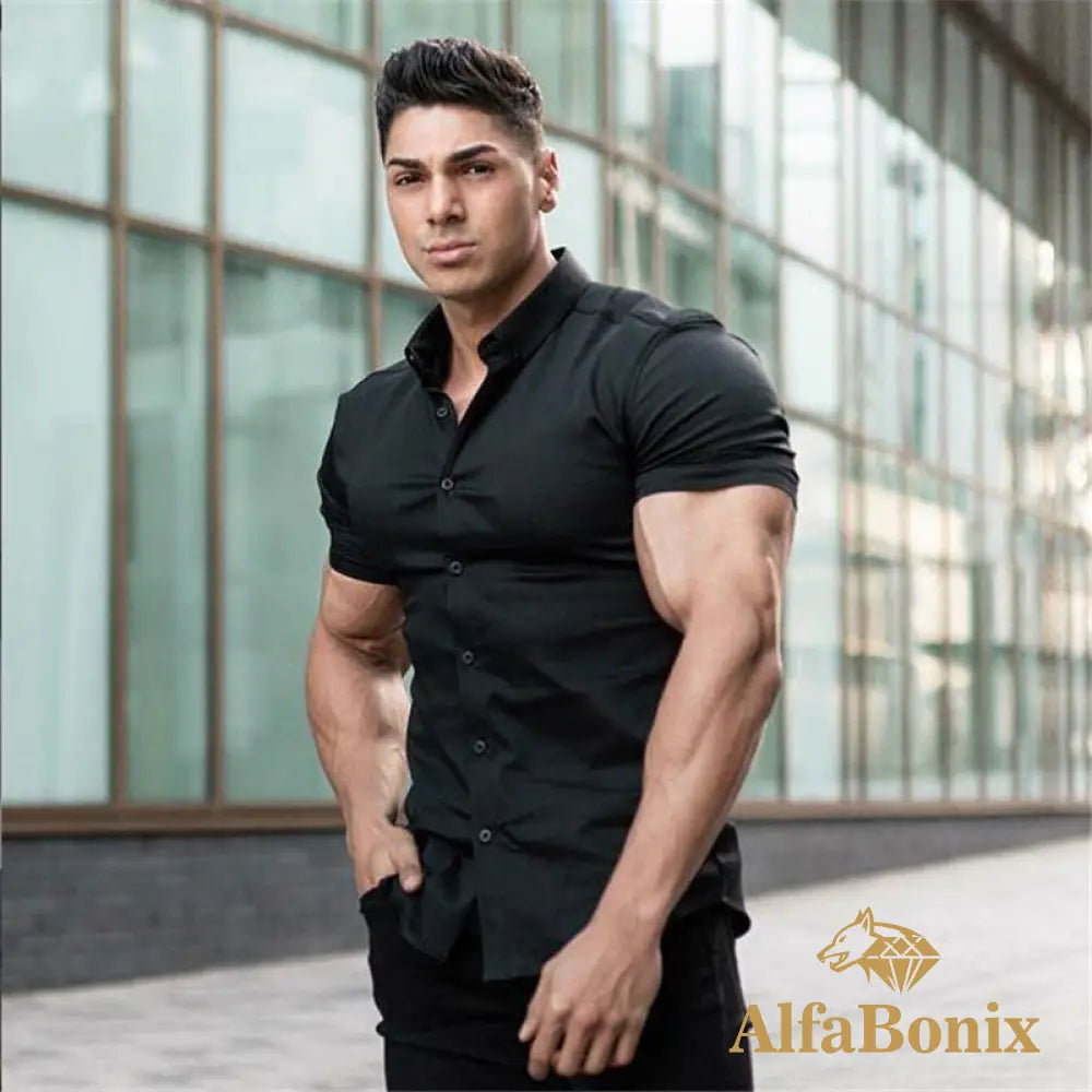 Summer Fashion Short Sleeve Shirt Men Super Slim Fit Male Casual Social Business Dress Brand Fitness