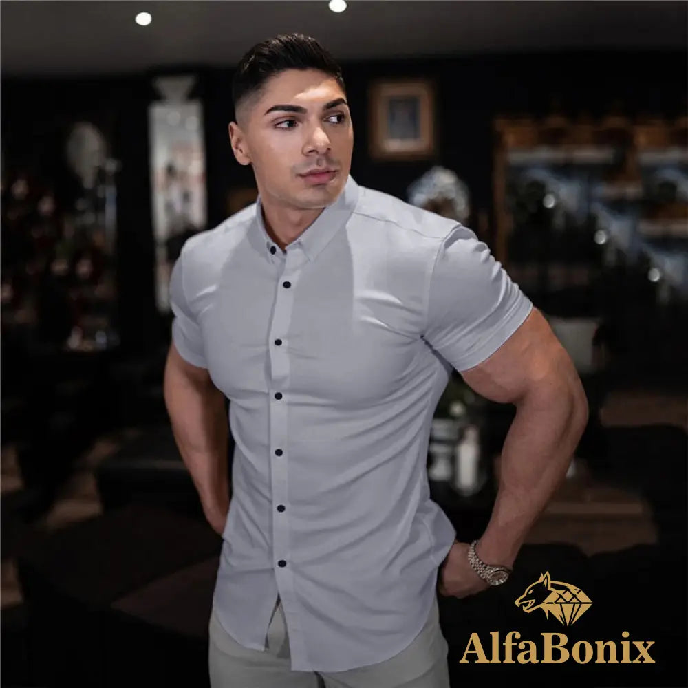 Summer Fashion Short Sleeve Shirt Men Super Slim Fit Male Casual Social Business Dress Brand Fitness