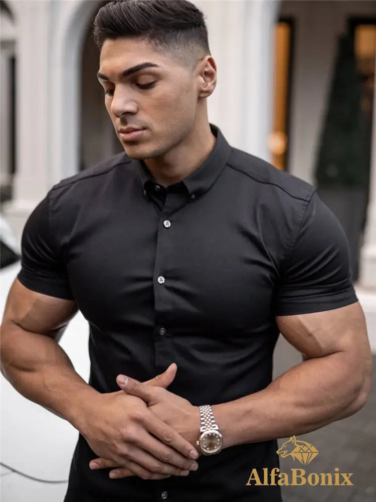 Summer Fashion Short Sleeve Shirt Men Super Slim Fit Male Casual Social Business Dress Brand Fitness