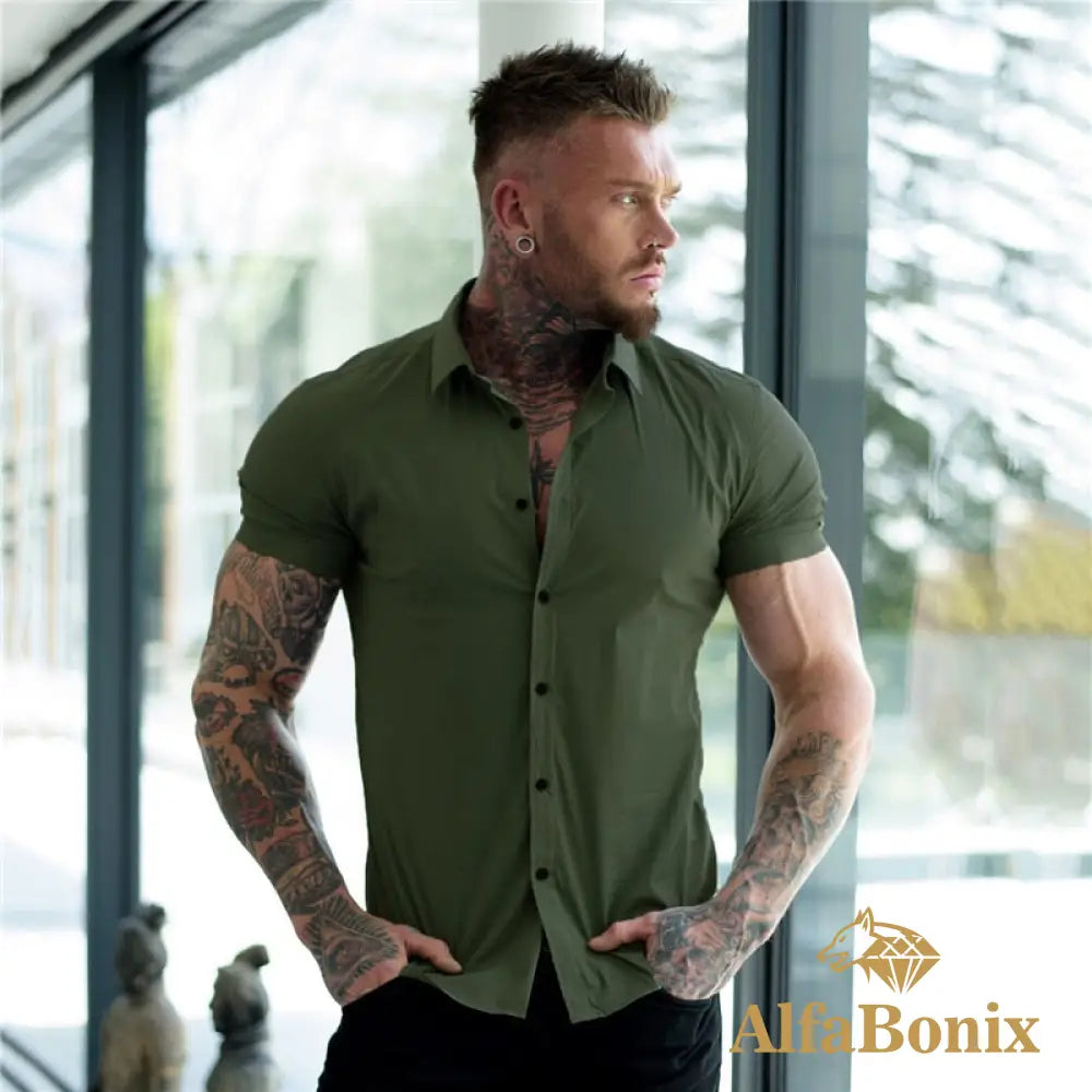 Summer Fashion Short Sleeve Shirt Men Super Slim Fit Male Casual Social Business Dress Brand Fitness