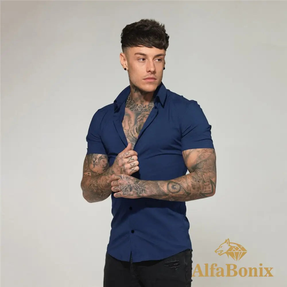 Summer Fashion Slim Fit Button Short Sleeve Shirts Men Casual Sportswear Dress Shirt Male Hipster