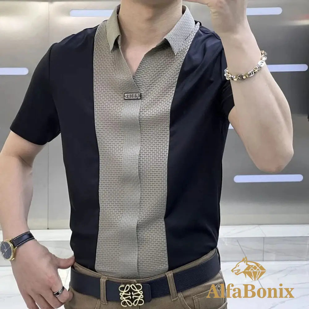 Mens Senior Light Luxury Short-Sleeved Shirt Business Casual Slim Fit Patchwork Color Stitching