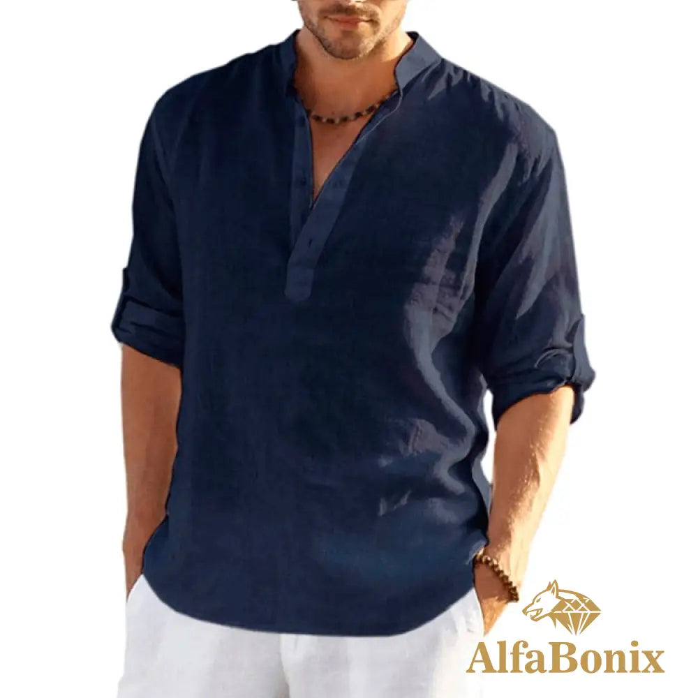 Camisa Alfabonix De Linho Biggan Azul Marinho / P