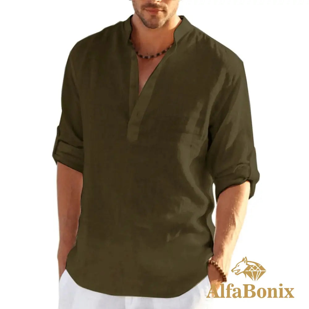 Camisa Alfabonix De Linho Biggan Verde Exército / P