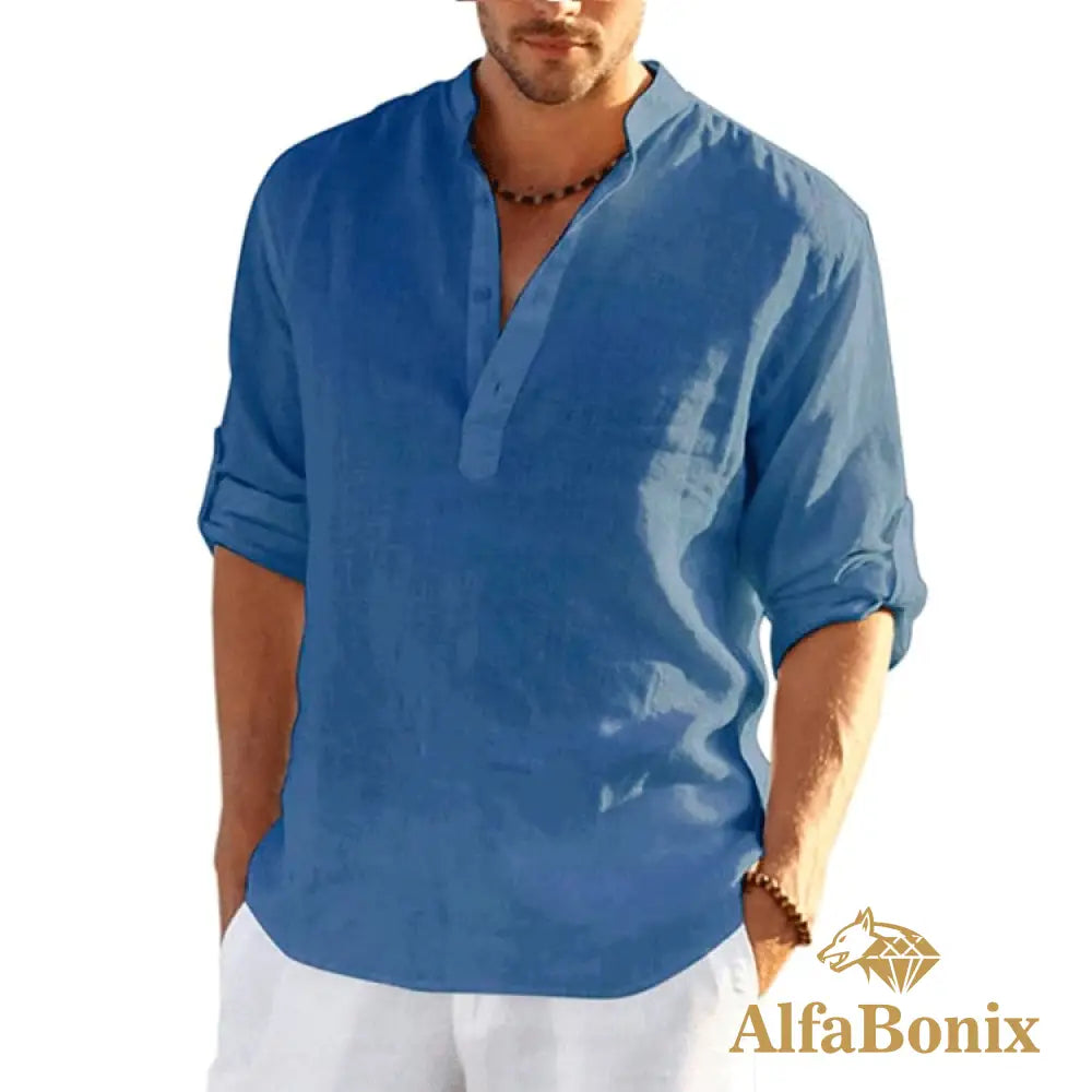 Camisa Alfabonix De Linho Biggan Azul / P