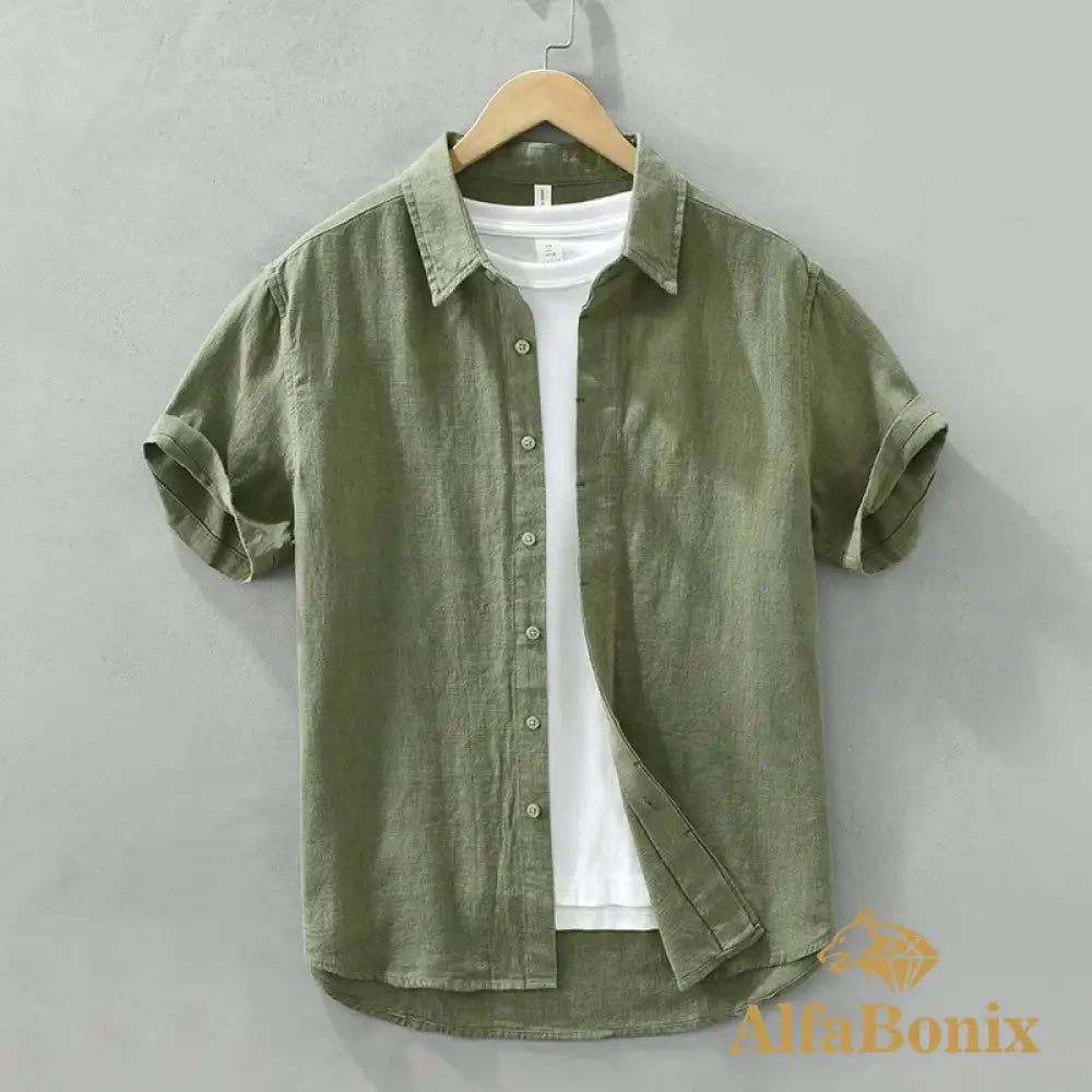 Summer New Linen Cotton Casual Shirt for Men Clothing Vintage Short Sleeve Streetwear C2759 green / M (Asian Size)