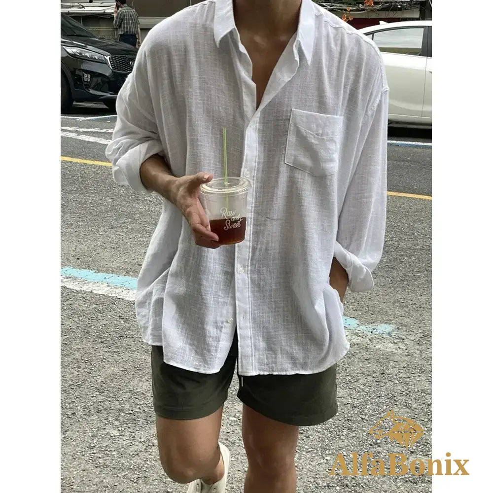 2024 Unisex Oversized Linen Shirt Coat Men’s Long Sleeve Casual Loose Fit Fashion Japanese Korean Style Sun Protection