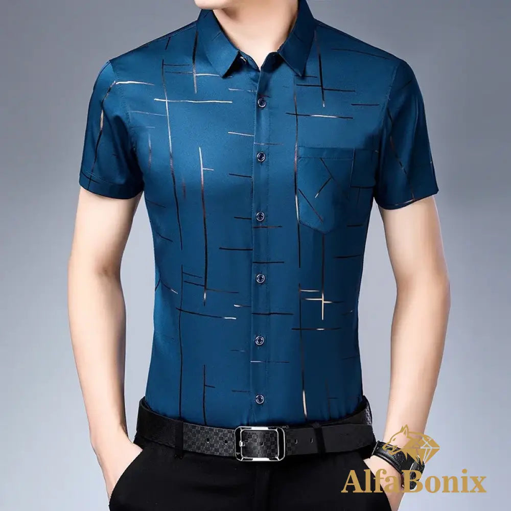 New Men’s Business Casual Short Sleeved Shirt No Iron and Wrinkle Resistant Top S / Lake blue
