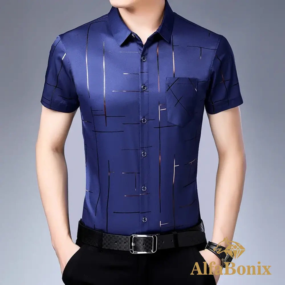 New Men’s Business Casual Short Sleeved Shirt No Iron and Wrinkle Resistant Top XXXL / Navy Blue