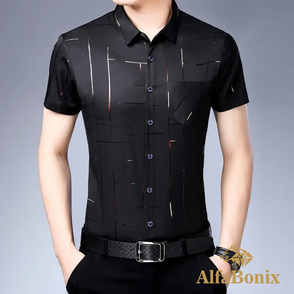 New Men’s Business Casual Short Sleeved Shirt No Iron and Wrinkle Resistant Top XL / black