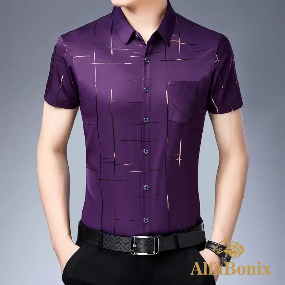 New Men’s Business Casual Short Sleeved Shirt No Iron and Wrinkle Resistant Top M / PURPLE