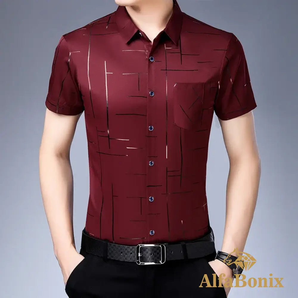 New Men’s Business Casual Short Sleeved Shirt No Iron and Wrinkle Resistant Top L / Red
