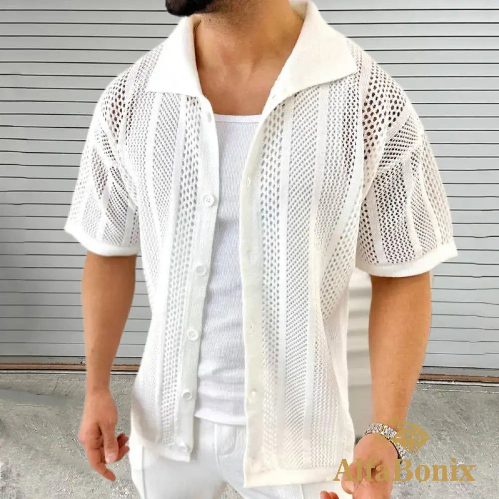 Vintage Knitted Hollow Out Shirts Men Fashion Button Lapel Short Sleeve Knit Shirt Summer Mens Knitwear Casual Solid