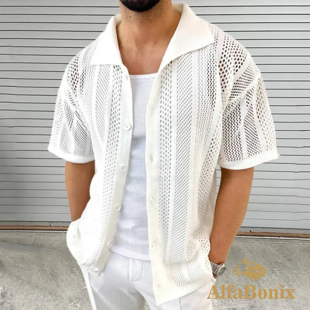 Vintage Knitted Hollow Out Shirts Men Fashion Button Lapel Short Sleeve Knit Shirt Summer Mens Knitwear Casual Solid