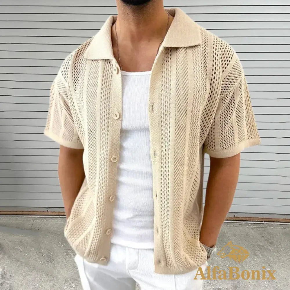 Vintage Knitted Hollow Out Shirts Men Fashion Button Lapel Short Sleeve Knit Shirt Summer Mens Knitwear Casual Solid