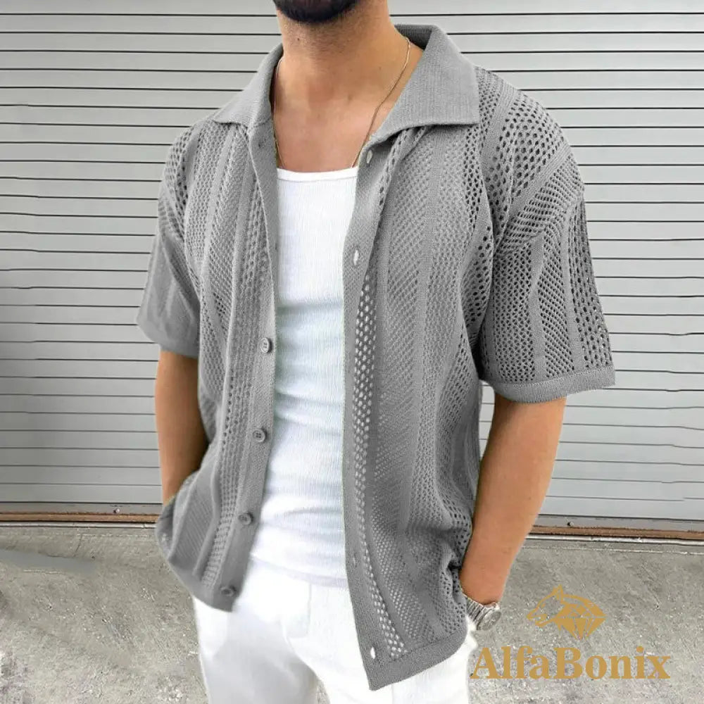 Vintage Knitted Hollow Out Shirts Men Fashion Button Lapel Short Sleeve Knit Shirt Summer Mens Knitwear Casual Solid