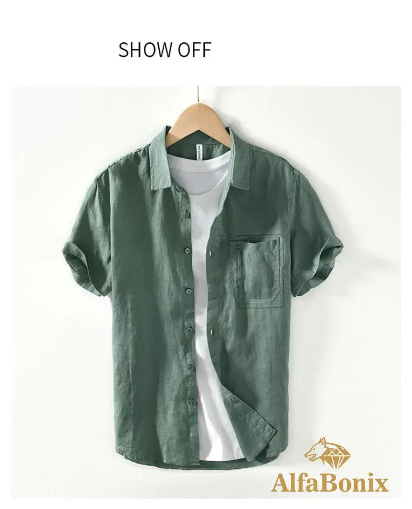 Summer New Casual Cargo Short Sleeve Shirts for Men Pure Linen Simple Slim Thin Men Clothing BL993