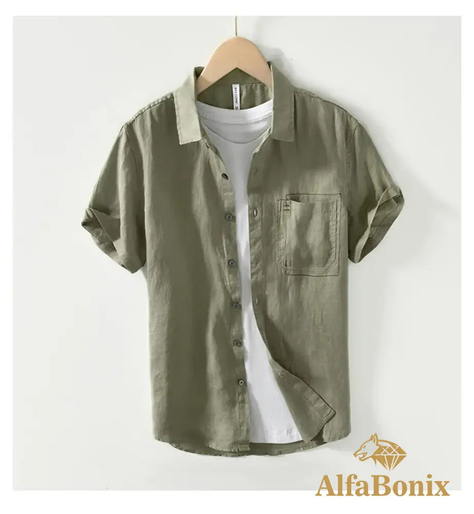 Summer New Casual Cargo Short Sleeve Shirts for Men Pure Linen Simple Slim Thin Men Clothing BL993