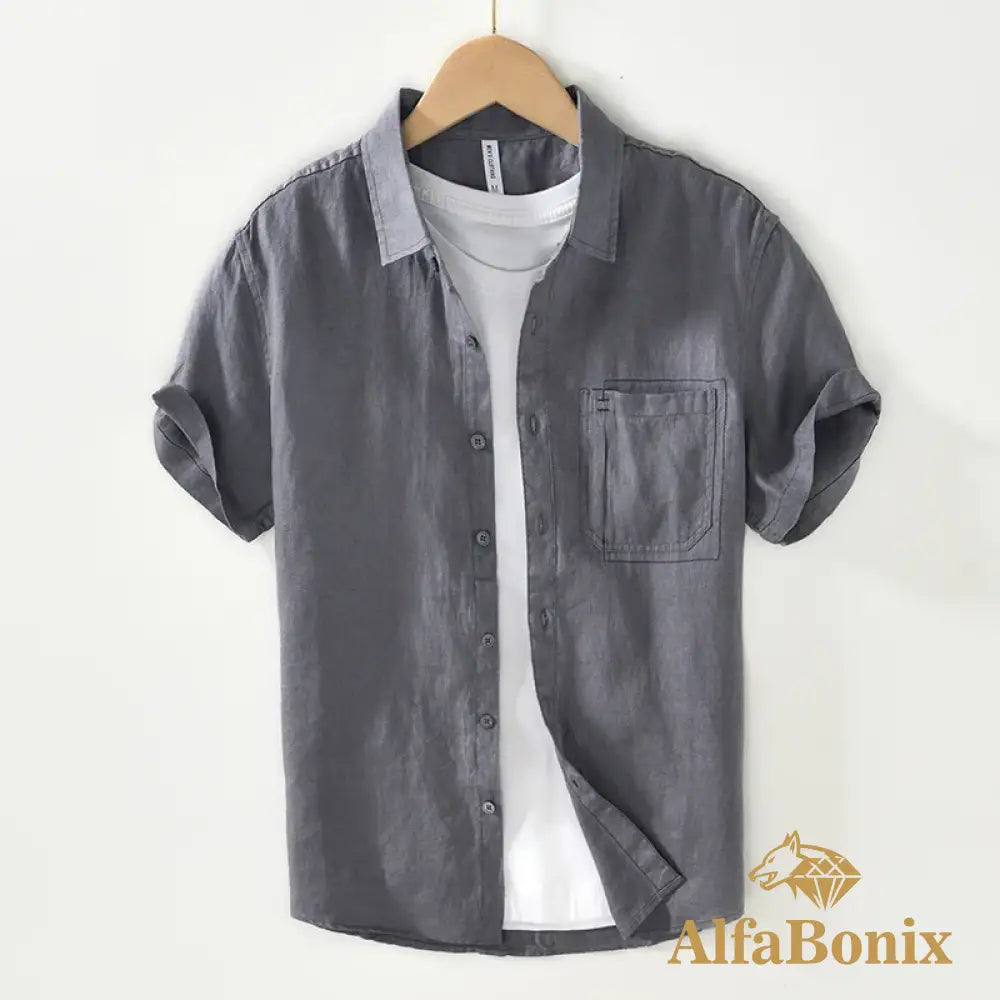 Summer New Casual Cargo Short Sleeve Shirts for Men Pure Linen Simple Slim Thin Men Clothing BL993 Dark Gray / L (Asian