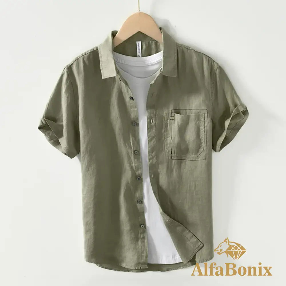 Summer New Casual Cargo Short Sleeve Shirts for Men Pure Linen Simple Slim Thin Men Clothing BL993 Fruit Green / M
