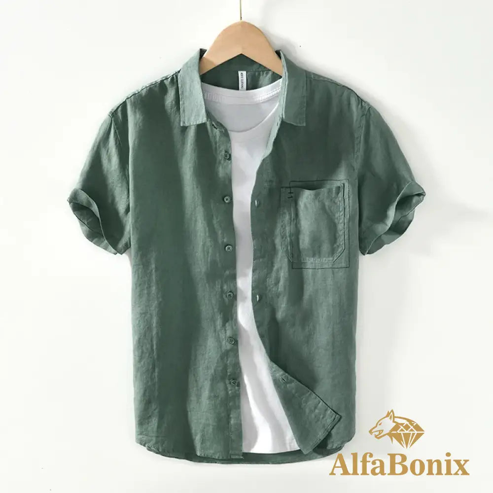 Summer New Casual Cargo Short Sleeve Shirts for Men Pure Linen Simple Slim Thin Men Clothing BL993 green / 3XL (Asian