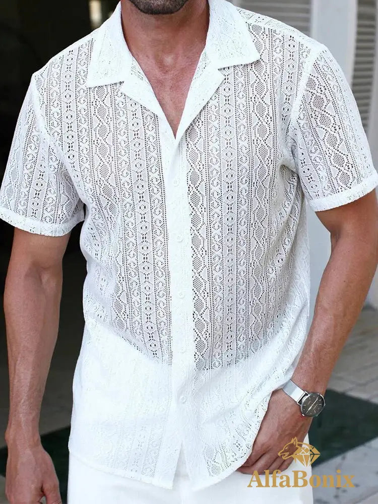 Fashionable Jacquard Lace Mesh Shirt For Men Summer Beach Sexy Hollow Out See Through Shirts Vintage Mens Short Sleeve