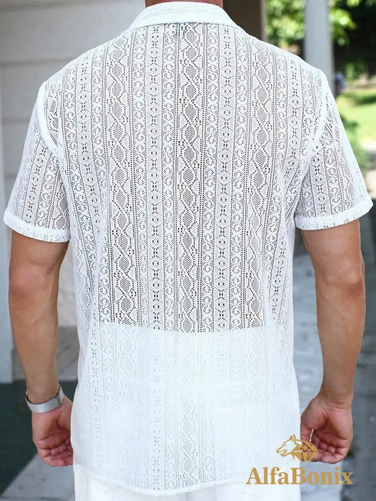 Fashionable Jacquard Lace Mesh Shirt For Men Summer Beach Sexy Hollow Out See Through Shirts Vintage Mens Short Sleeve