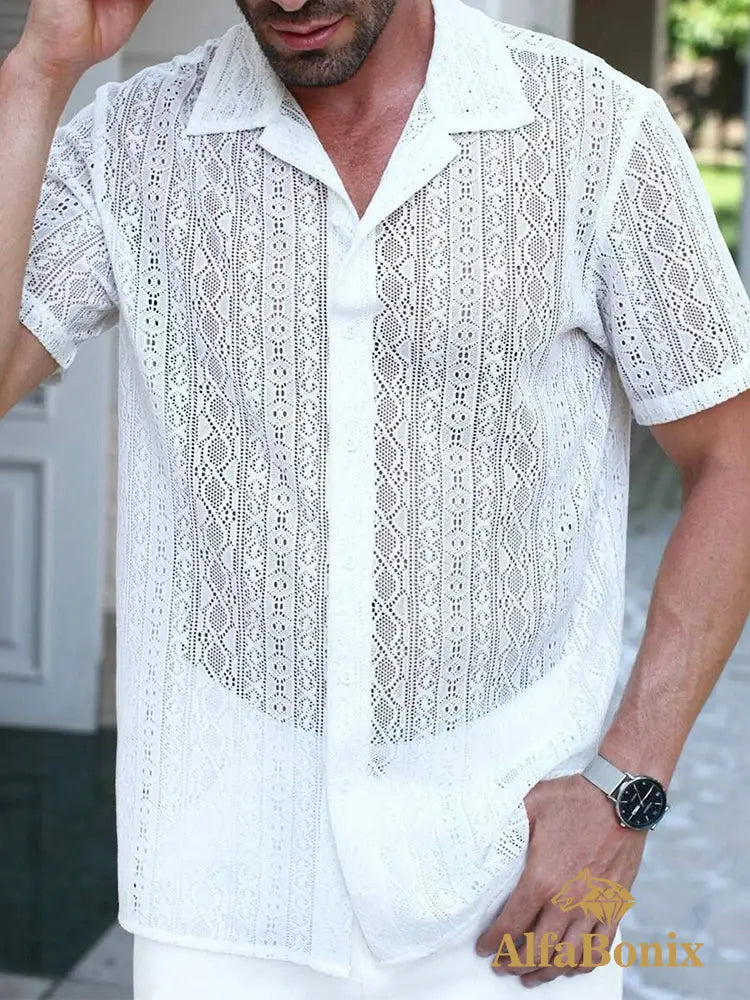 Fashionable Jacquard Lace Mesh Shirt For Men Summer Beach Sexy Hollow Out See Through Shirts Vintage Mens Short Sleeve